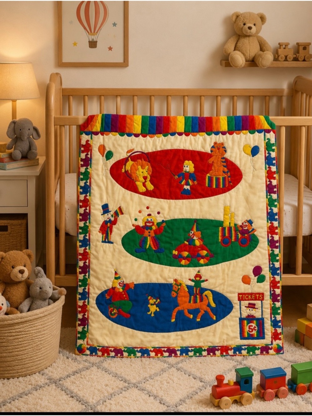 Vintage 80s Circus Clown Faux Cheater Quilt Blanket Hand Stitched